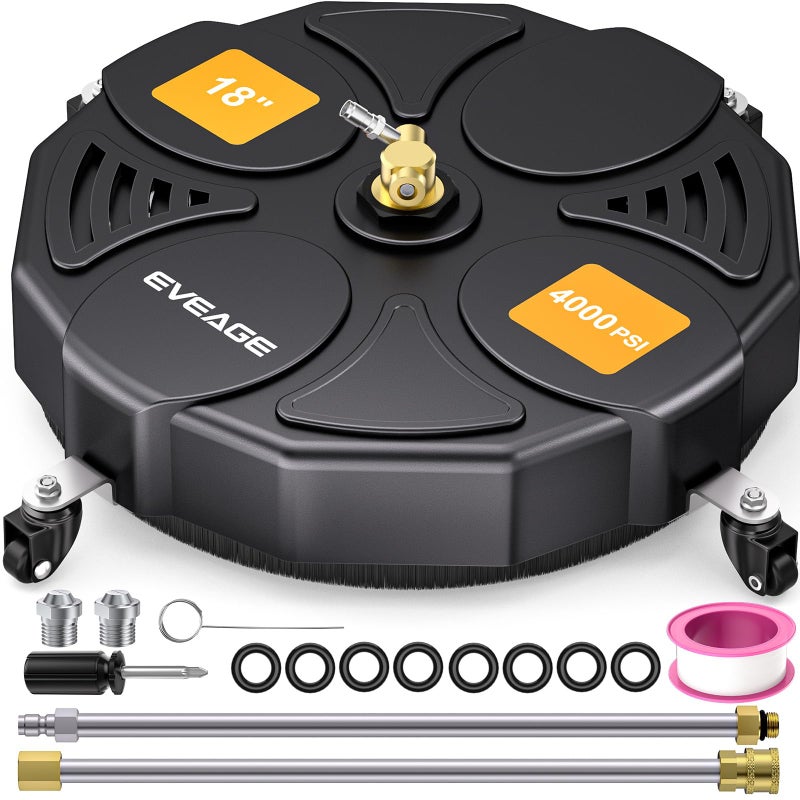 EVEAGE 18 Inch Large Size Pressure Washer Surface Cleaner Attachment with Wheels, 4000 PSI Power Washer Accessory with 1/4" Quick-Connect,2 Extension Wand for Driveways Sidewalks Patios Cleaning - Image 1